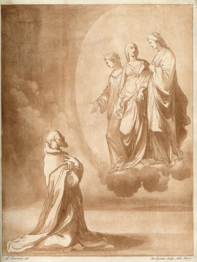 Print by Francis Eginton of a kneeling saint (? St Francis) before a vision of three maidens (possibly Chastity, Obedience and Poverty), after a drawing by Lodovico Carracci in the Royal Collection. 1773: Aquatint over etched lines printed in sepia ink. © The Trustees of the British Museum